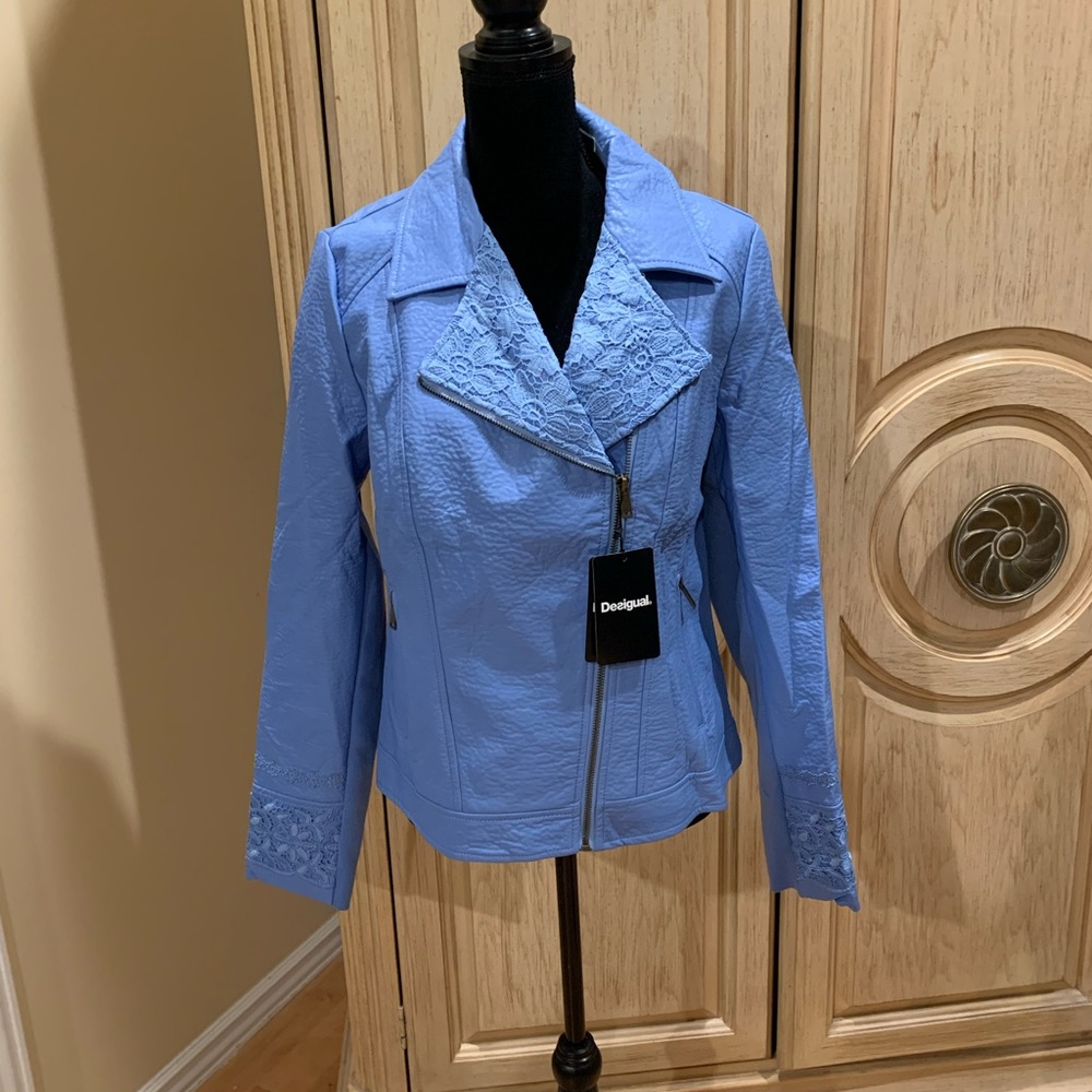 Desiguel faux, leather and lace women’s Moto jacket Perrywinkle blue New